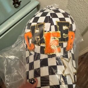 Checkerboard Cap with Orange 'CHEER' Appliqué